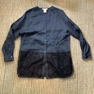 Como 100% Linen Tunic Black Size Large Lace Hem